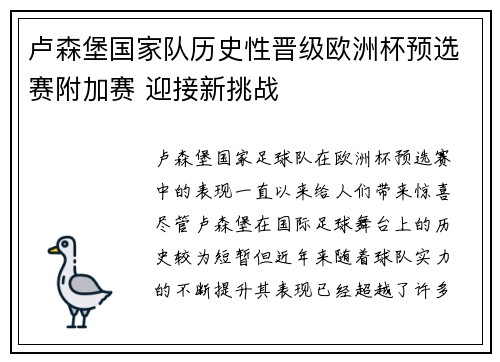 卢森堡国家队历史性晋级欧洲杯预选赛附加赛 迎接新挑战